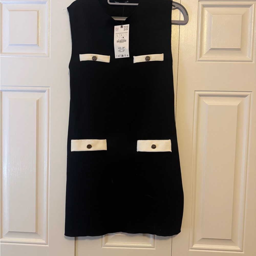 Zara Black and White Mini Dress with Button Accents
